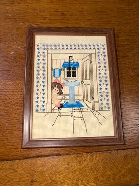 Vintage~Framed Cross Stitch Piece~Country Bathroom-Sink-Little Girl *No Glass*